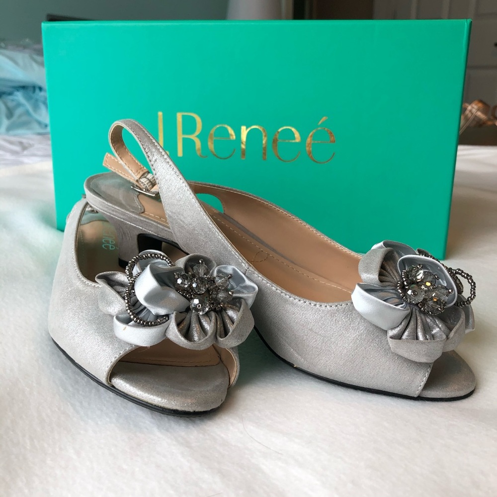 J. Renee silver sling back formal kitten heels